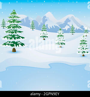 Winter mountain landscape with fir trees and frozen lake Stock Vector