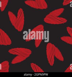 Scribbled vector heart seamless pattern background. Black red love concept backdrop with delicate pencil effect scattered hearts, Romantic repeat for Stock Vector
