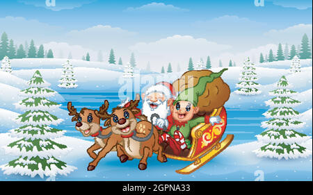 Cartoon santa claus with elf riding on a sleigh with bag of gifts pulled by reindeer Stock Vector