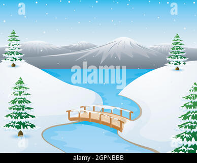 Cartoon winter landscape with mountains and small wooden bridge over river Stock Vector