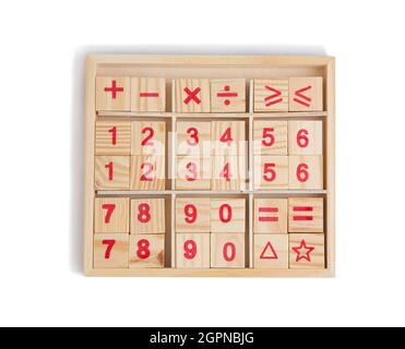 symbols and numbers wooden blocks. Educational toys isolated on white background. Stock Photo