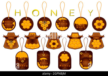 Illustration on theme for big set label of sugary flowing down honey in honeycomb Stock Vector