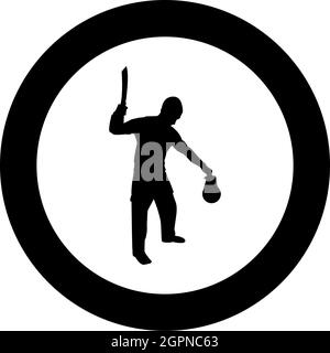 Man with sword machete Cold weapons in hand military man Soldier Serviceman in positions Hunter with knife Fight poses Strong defender Warrior concept Weaponry Stand holding thing silhouette in circle round black color vector illustration solid outline st Stock Vector