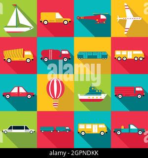 Transportation items icons set, flat style Stock Vector