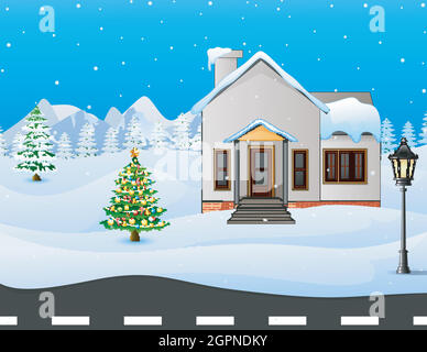 Winter village background with snow covered house and mountains Stock Vector