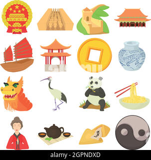 China travel sport icons set, cartoon style Stock Vector