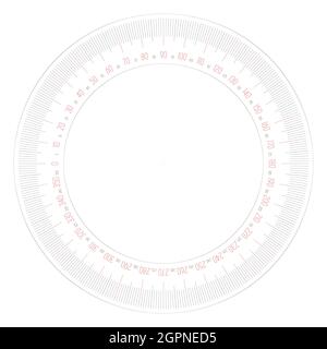 Full 360 degrees protractor - measuring instrument for measuring angles in geometry. Thin line vector illustration. Stock Vector