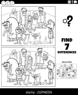 differences game with cartoon zombies coloring book page Stock Vector