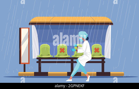 a woman is running on the road during rain Stock Vector