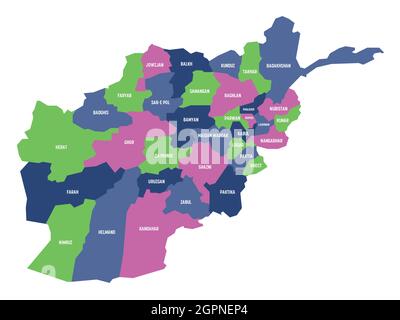 Colorful political map of Afghanistan. Administrative divisions - provinces. Simple flat vector map with labels. Stock Vector