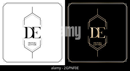 DE initial letter and graphic name, DE Monogram, for Wedding couple monogram, logo company and icon business, with black white colors and golds colors designs with isolated white and black backgrounds Stock Vector