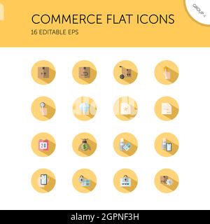 Commerce. Box, diamond, hand, swiping machine, security, money and calendar group. Isolated icon set in a circle. Flat vector illustration Stock Vector