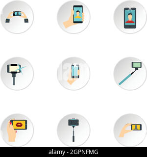 Photo on mobile phone icons set, flat style Stock Vector