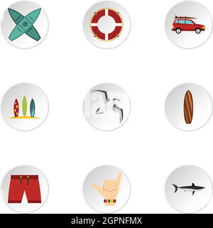 Surfing club icons set, flat style Stock Vector