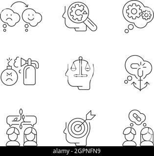 Critical mindset and attitude linear icons set Stock Vector