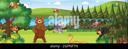 Forest panorama at daytime scene with various wild animals illustration ...
