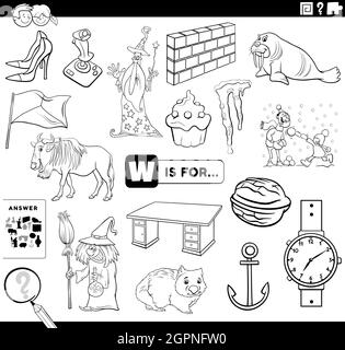 letter w words educational task coloring book page Stock Vector