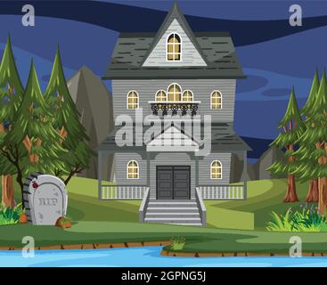 Scene with haunted halloween mansion illustration Stock Vector