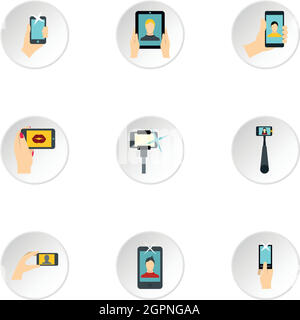 Photography on smartphone icons set, flat style Stock Vector