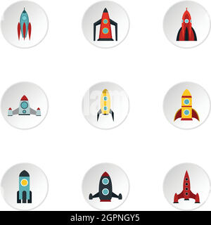 Types of rocket icons set, flat style Stock Vector