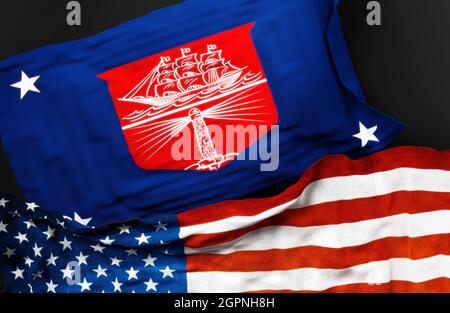 Flag of the United States Department of Commerce rank IIII along with a flag of the United States of America as a symbol of a connection between them, Stock Photo