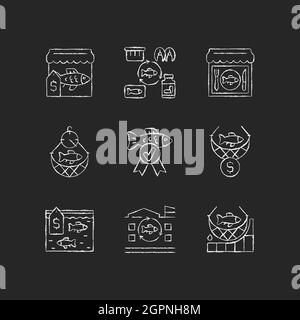 Commercial fishery chalk white icons set on dark background Stock Vector