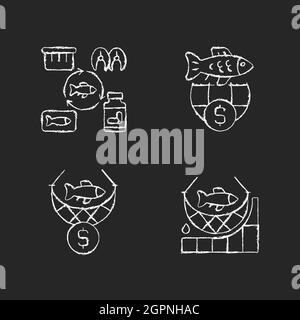 Fish product producing and trade chalk white icons set on dark background Stock Vector