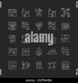 Fishing industry chalk white icons set on dark background Stock Vector