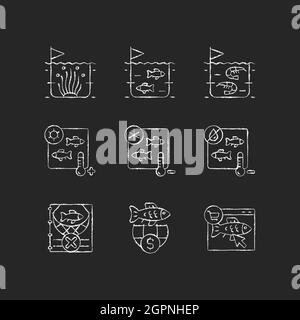 Fish product farming and storing chalk white icons set on dark background Stock Vector