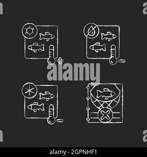 Fish products sterilization chalk white icons set on dark background Stock Vector