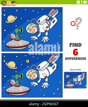 differences educational game with cartoon astronaut and alien Stock Vector