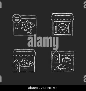Seafood product selling chalk white icons set on dark background Stock Vector