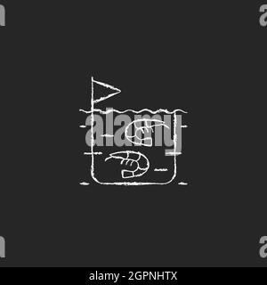 Shrimp farming chalk white icon on dark background Stock Vector