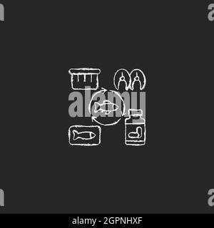 Producing fish products chalk white icon on dark background Stock Vector