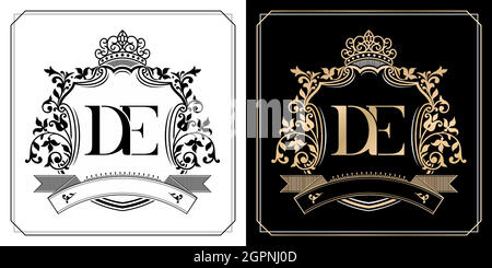 DE royal emblem with crown, set of black and white labels, initial letter and graphic name Frames Border of floral designs, DE Monogram, for insignia, initial letter frames border, wedding couple name Stock Vector