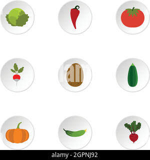 Types of vegetables icons set, flat style Stock Vector