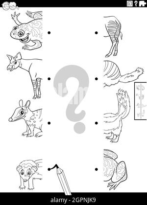 match halves of cartoon animals pictures coloring book page Stock Vector