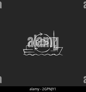 Fish processing vessel chalk white icon on dark background Stock Vector