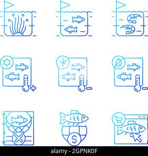 Fish product farming and storing gradient linear vector icons set Stock Vector