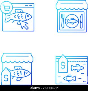 Seafood product selling gradient linear vector icons set Stock Vector