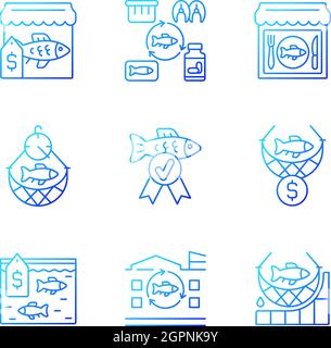 Commercial fishery gradient linear vector icons set Stock Vector