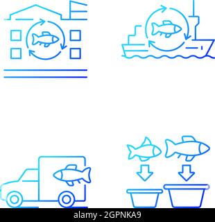 Fish processing and transportation gradient linear vector icons set Stock Vector
