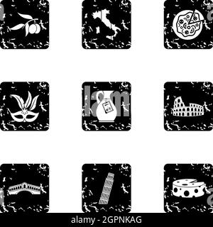 Country Italy icons set, grunge style Stock Vector