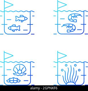Commercial sea product farming gradient linear vector icons set Stock Vector