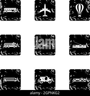 Transport for movement icons set, grunge style Stock Vector
