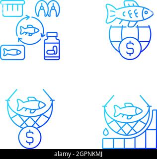 Fish product producing and trade gradient linear vector icons set Stock Vector