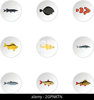 Fish icons set, flat style Stock Vector