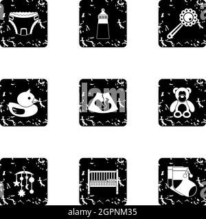 Baby icons set, grunge style Stock Vector
