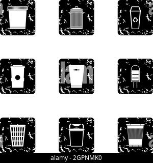 Waste rubbish icons set, grunge style Stock Vector