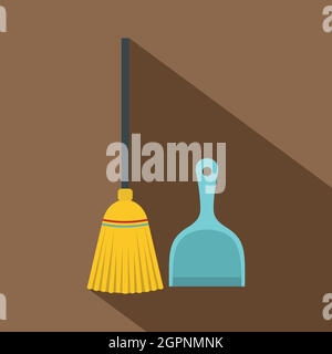 Broom and dustpan icon, flat style Stock Vector